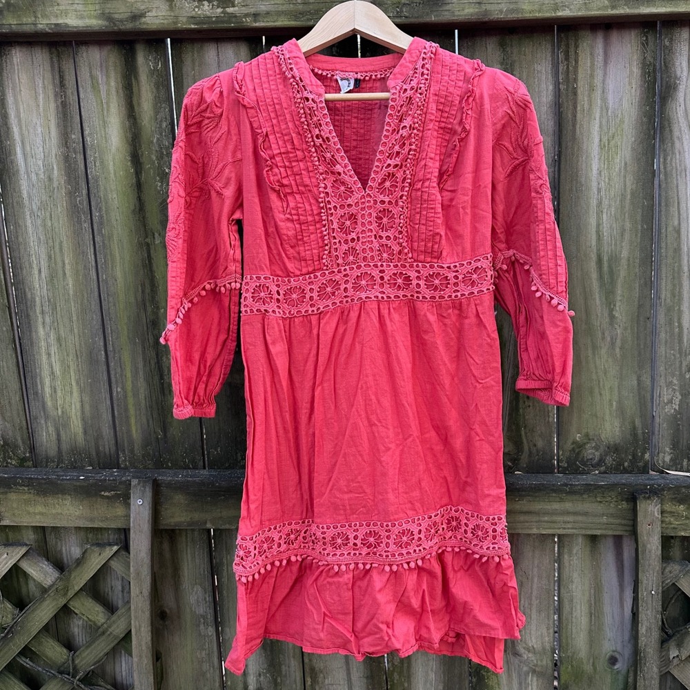 Anthropologie Akemi + Kin Josephine Coral Embroidered Lace Trim Dress - Picture 2 of 11